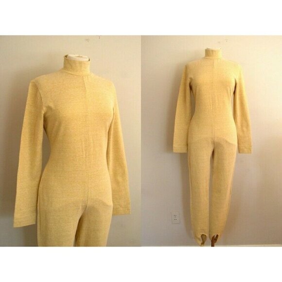 Vintage 90s Ashley Brooke Champagne Gold Mock Neck Catsuit M/L - Picture 1 of 12
